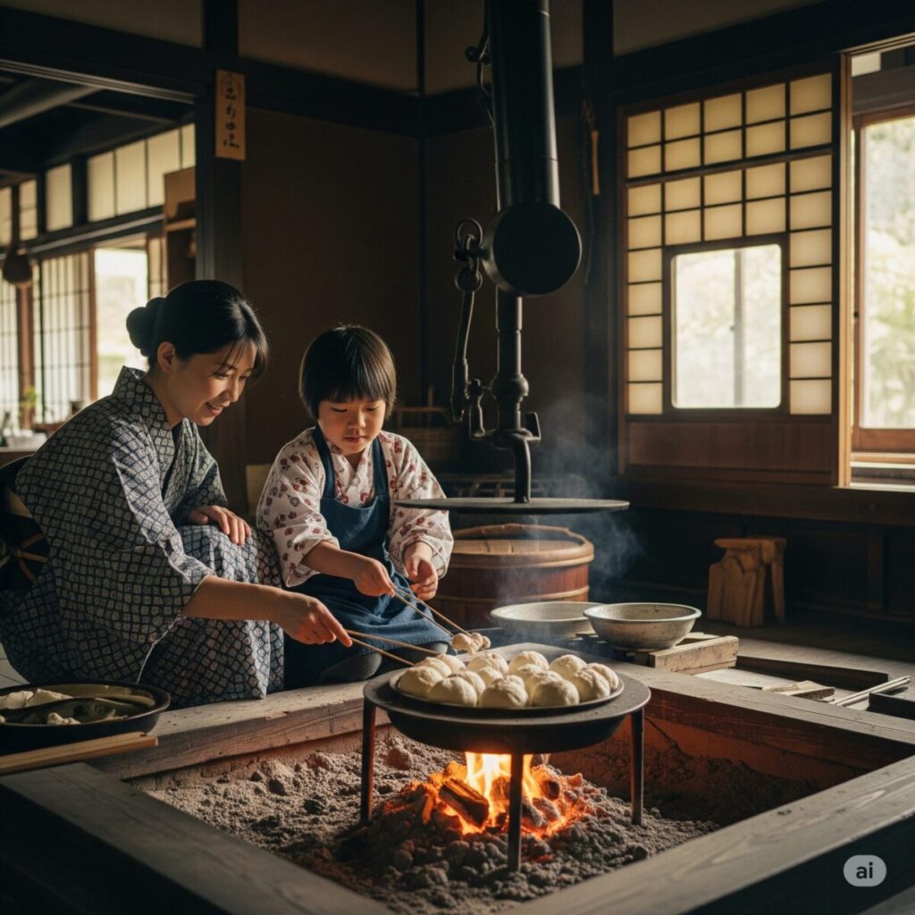 囲炉裏で焼いた後に灰で蒸し焼きにする