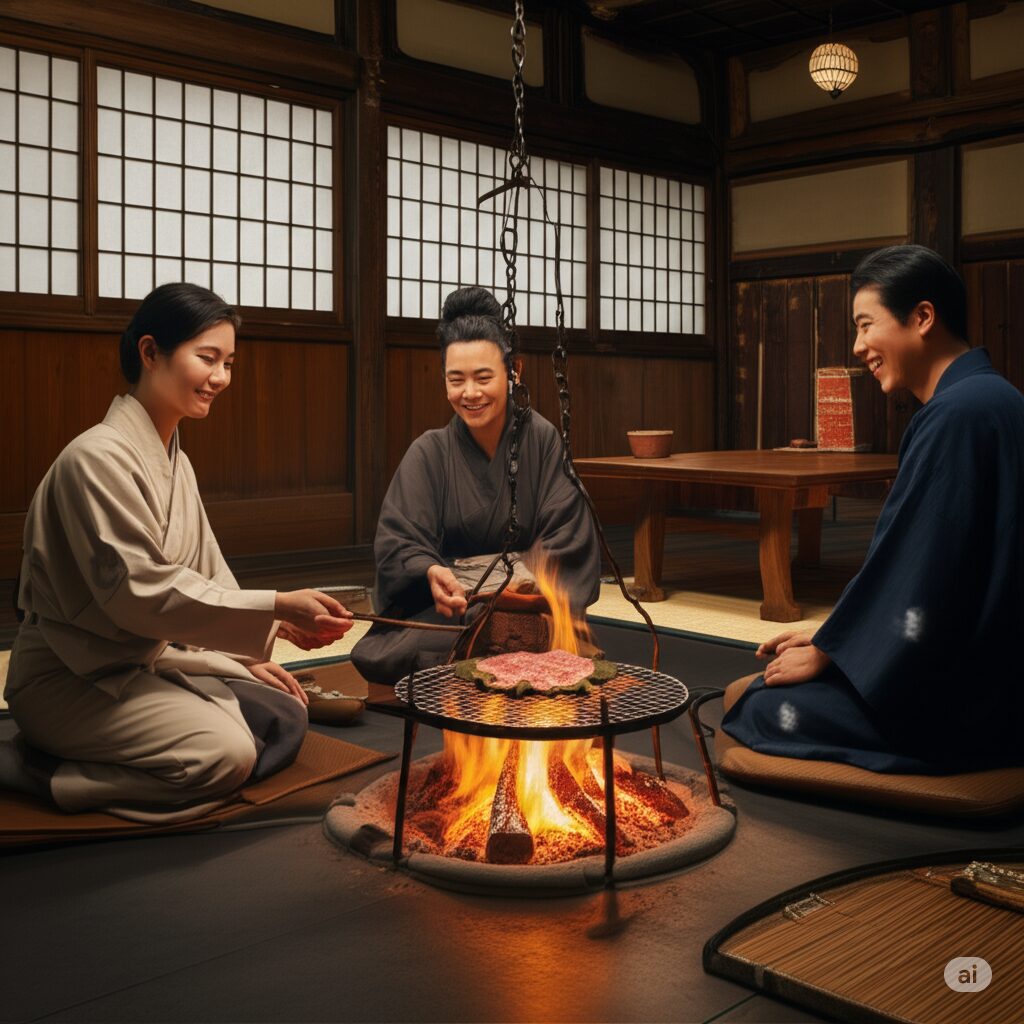 囲炉裏で朴葉味噌を焼く(イメージ画像)