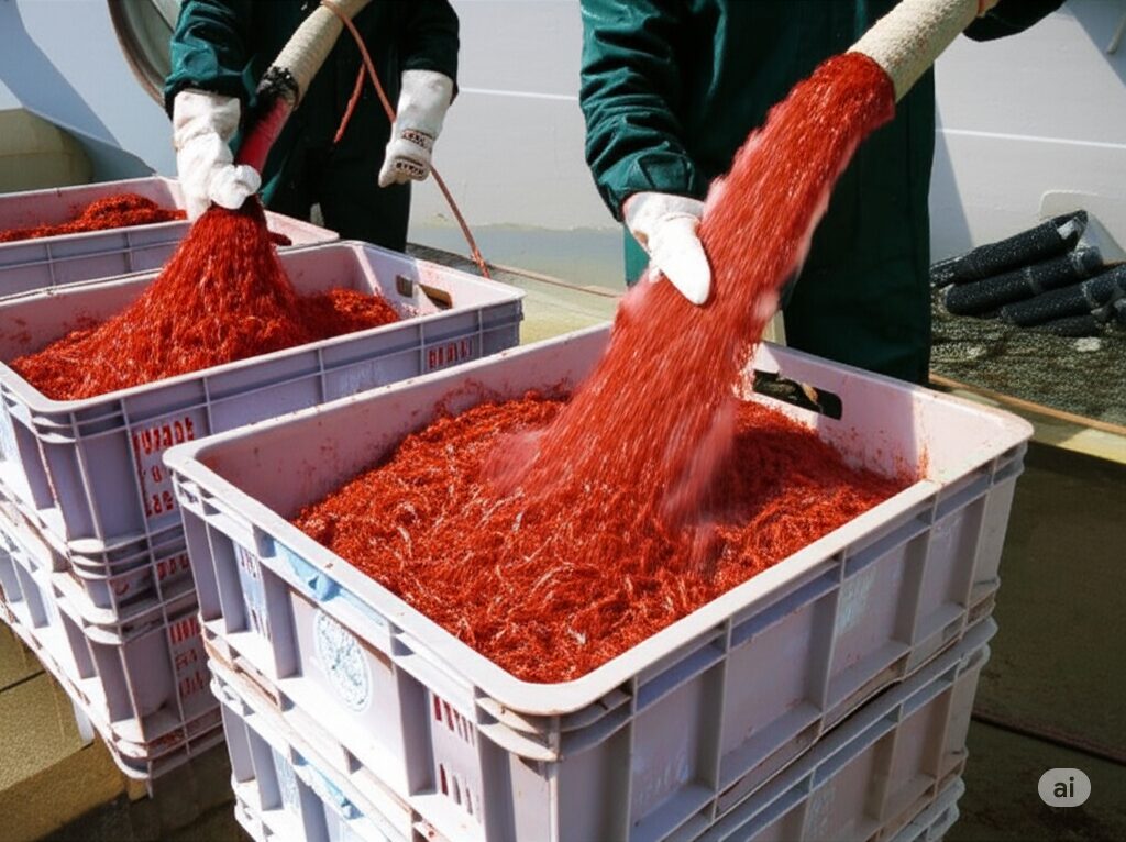 桜えびをホースで吸い上げる