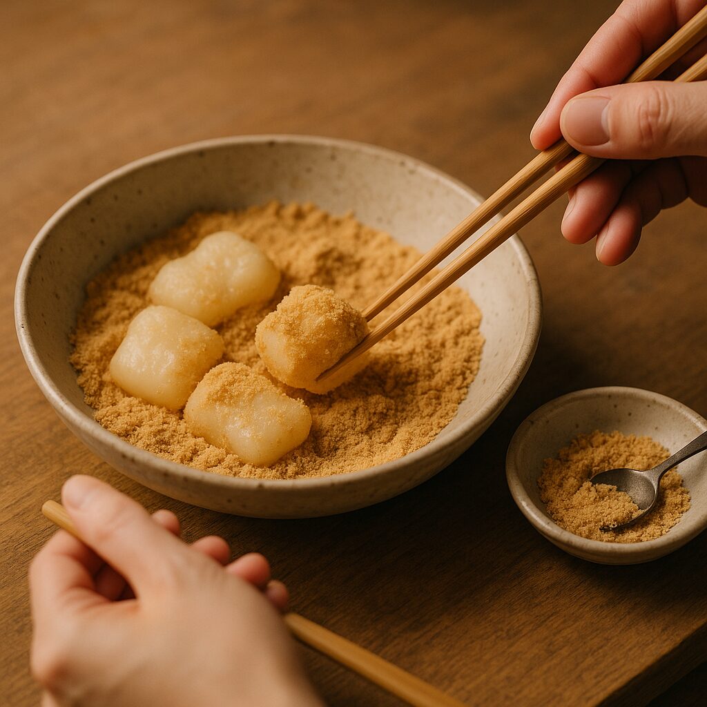 餅をきな粉にまぶす