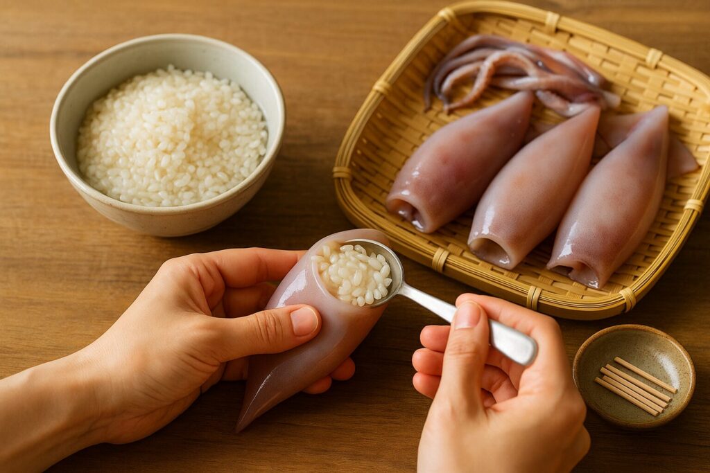 もち米をイカの胴体に詰める