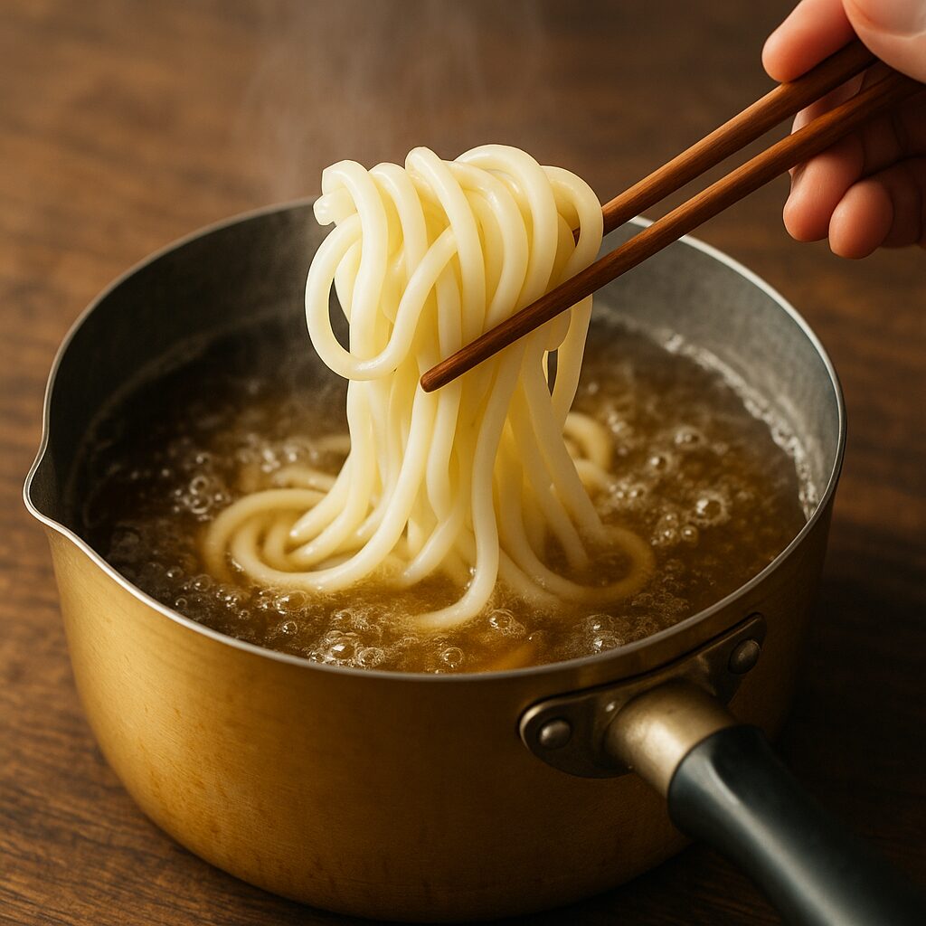 かすうどんの出汁とうどんを合わせる