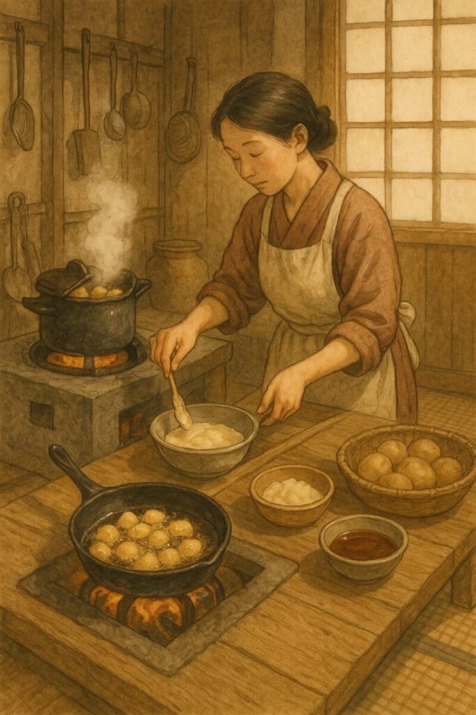 じゃがいもに衣をつけて揚げる