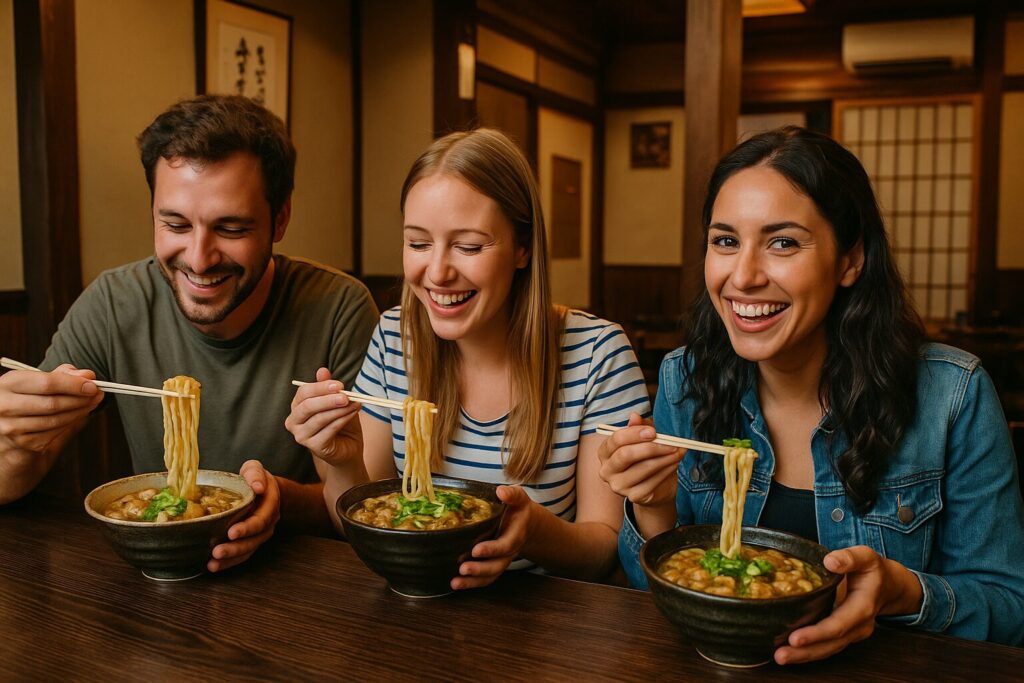 かすうどんを楽しむ外国人