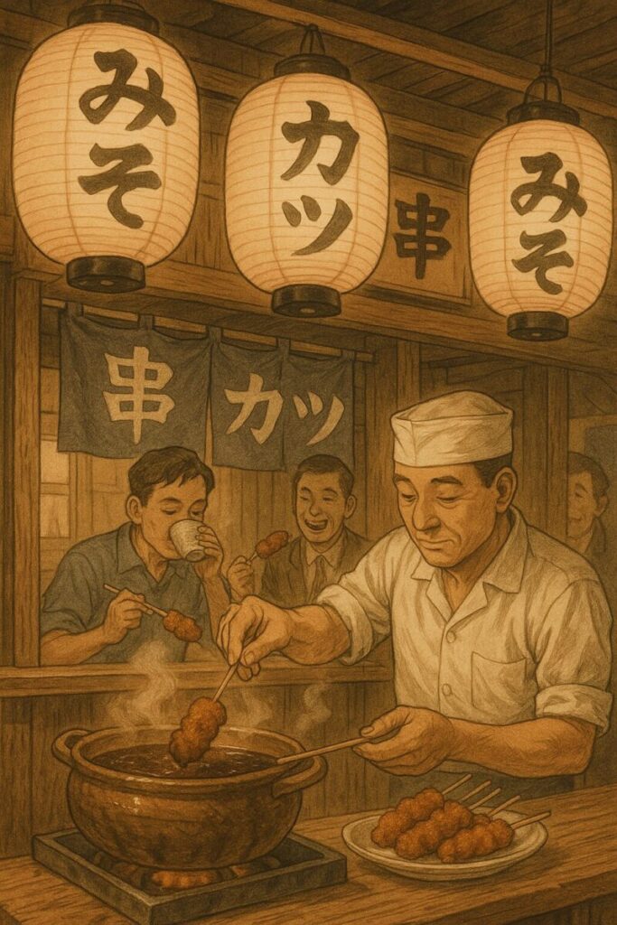 串カツをどて煮の鍋に浸す