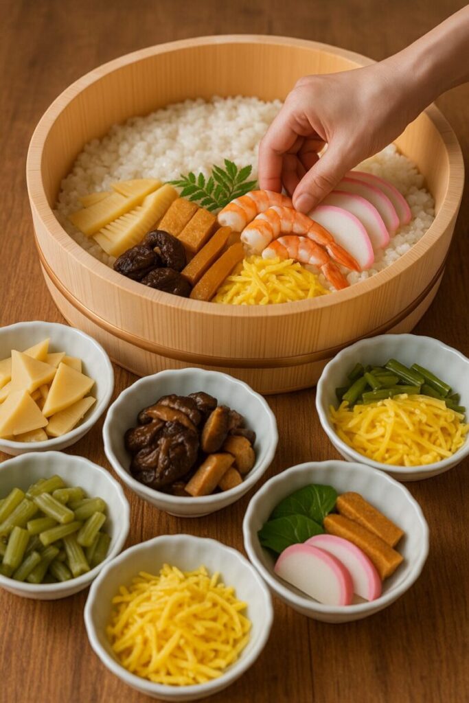 桶にご飯と具材を重ねる