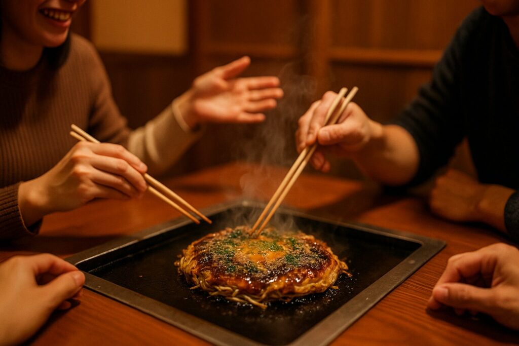 鉄板料理を皆で囲む
