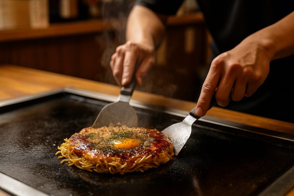 焼きそばを卵をせちがう