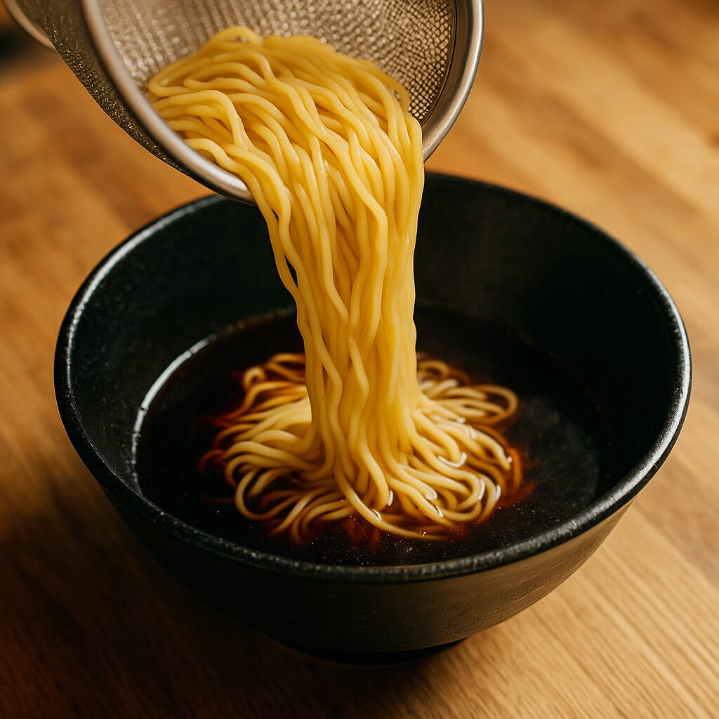 スープへ麺を投入