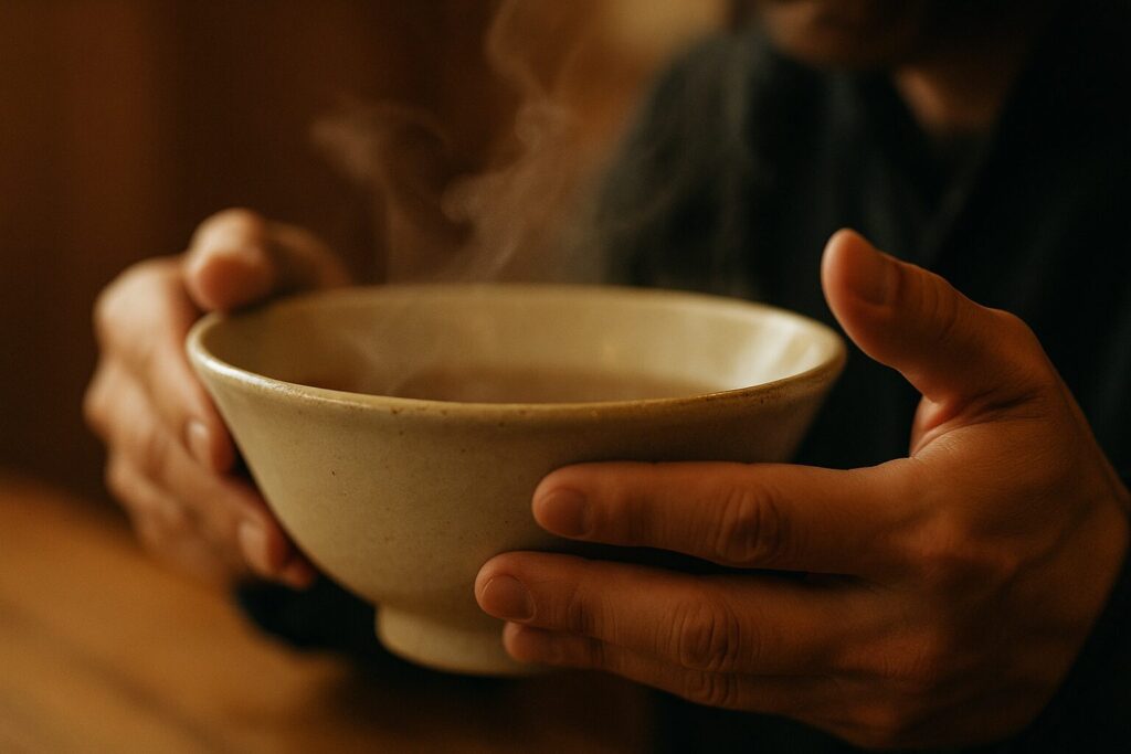 尾道ラーメンのスープを直接すする