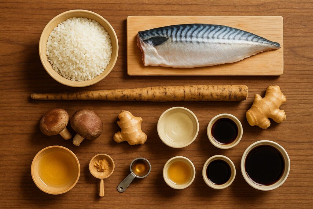 鯖飯の材料:米、塩鯖(または生鯖)、ごぼう、生椎茸、生姜、醤油、みりん、酒、出汁