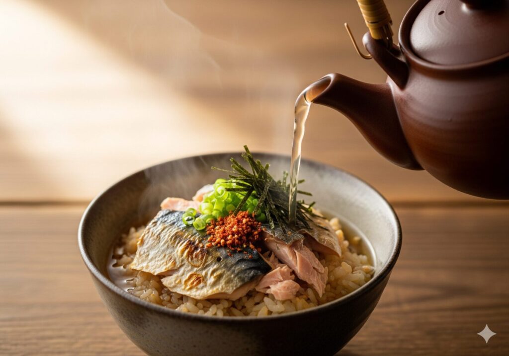 鯖飯のお茶漬けに出汁(またはほうじ茶)を注ぐ瞬間