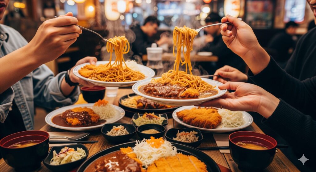 スパカツを皆で食べる